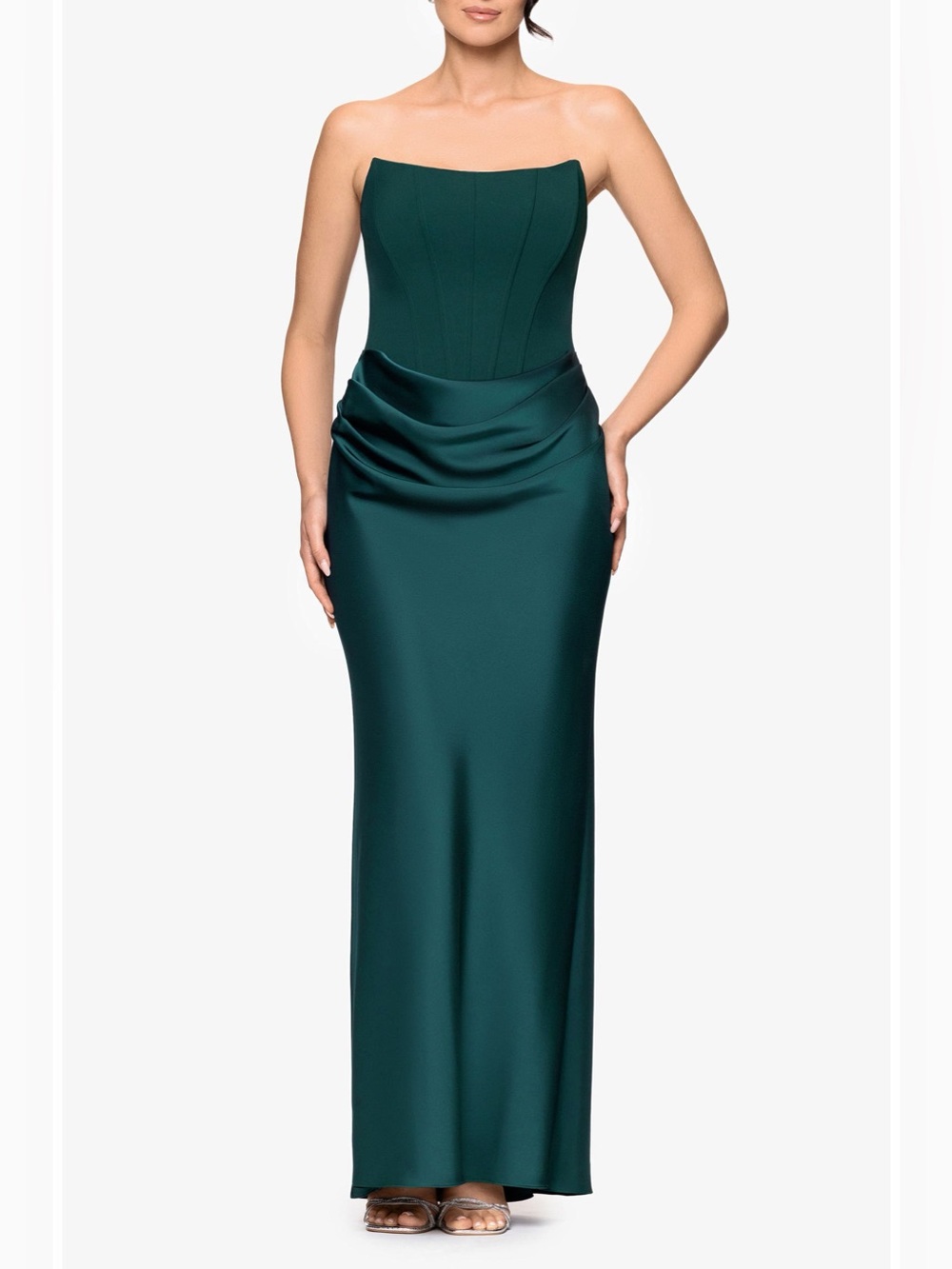 Betsy and Adam Scalloped Neck Satin Skirt Gown